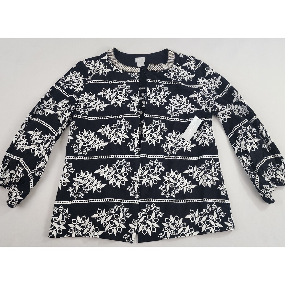 Chico's Cardigan Light Jacket Womens 0 US 4/6 Black White Cotton Floral Eyelet